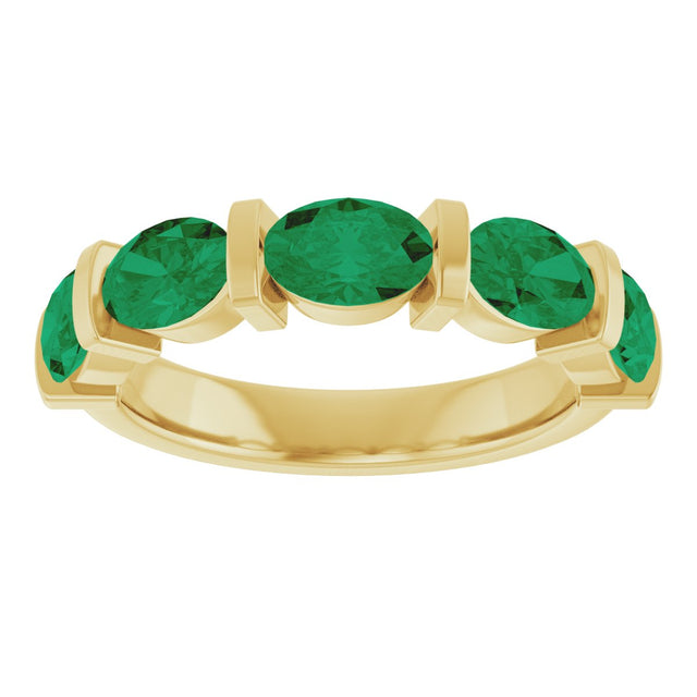 14K Gold Oval Lab-Grown Green Emerald Bar Channel-Set Anniversary Band - Yellow Gold - view 3
