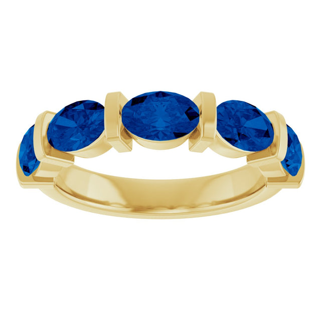 14K Gold Oval Natural Blue Sapphire Bar Channel-Set Anniversary Band - Yellow Gold - view 3
