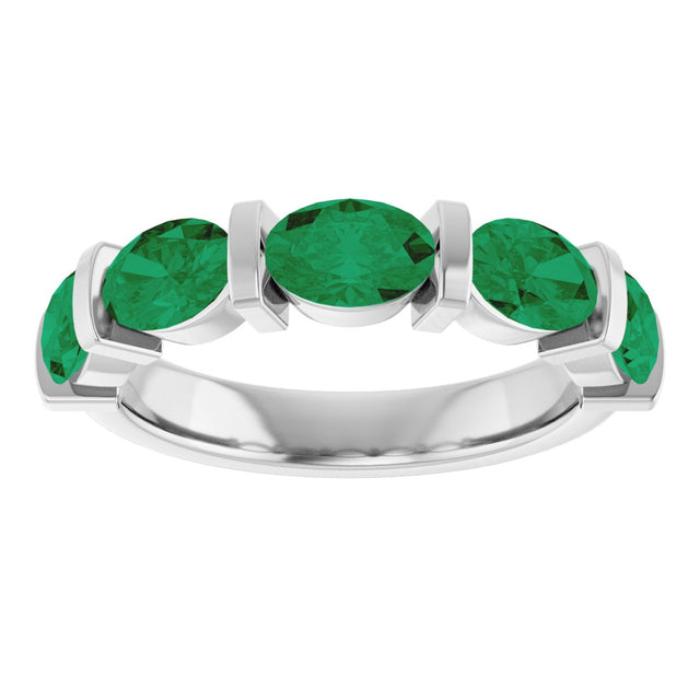 Platinum Oval Natural Green Emerald Bar Channel-Set Anniversary Band - view 3