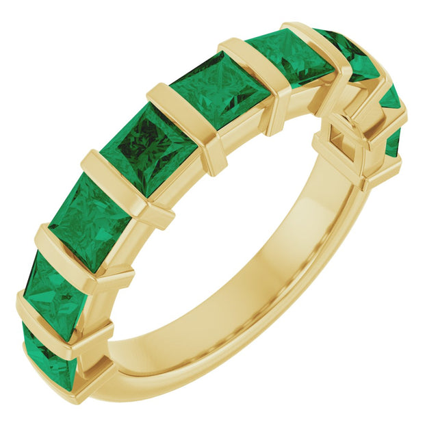 14K Gold Square Lab-Grown Green Emerald Bar Channel-Set Anniversary Band - Yellow Gold