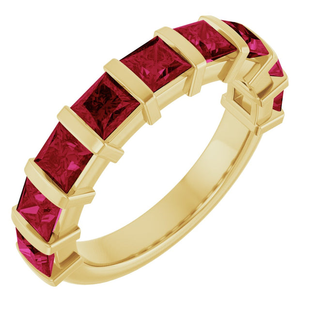 14K Gold Square Natural Red Ruby Bar Channel-Set Anniversary Band - Yellow Gold