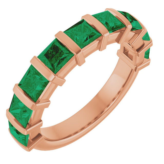 14K Gold Square Lab-Grown Green Emerald Bar Channel-Set Anniversary Band - Rose Gold
