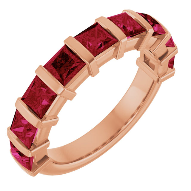 14K Gold Square Lab-Grown Red Ruby Bar Channel-Set Anniversary Band - Rose Gold