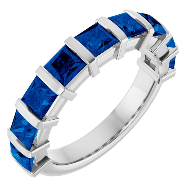 14K Gold Square Natural Blue Sapphire Bar Channel-Set Anniversary Band - White Gold