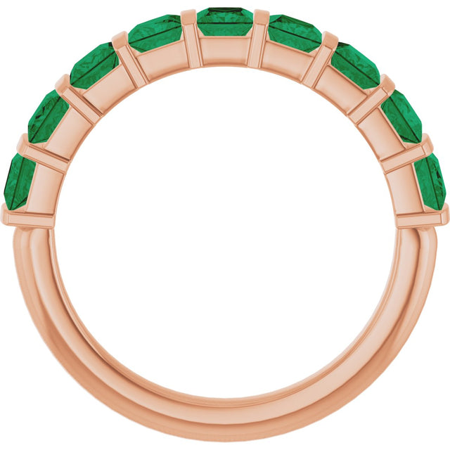 14K Gold Square Natural Green Emerald Bar Channel-Set Anniversary Band - Rose Gold - view 2