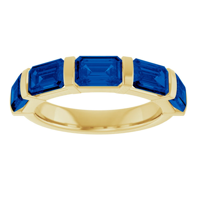 14K Gold Emerald Natural Blue Sapphire Bar Channel-Set Anniversary Band - Yellow Gold - view 3