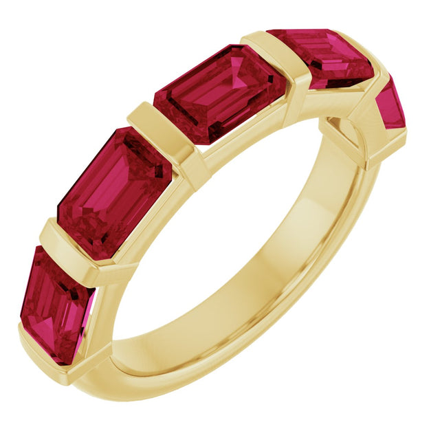 14K Gold Emerald Lab-Grown Red Ruby Bar Channel-Set Anniversary Band - Yellow Gold