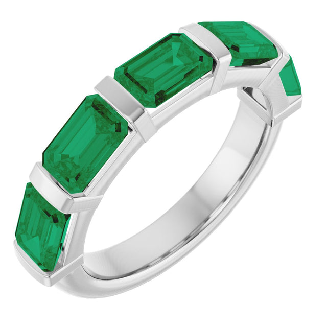 14K Gold Emerald Lab-Grown Green Emerald Bar Channel-Set Anniversary Band - White Gold
