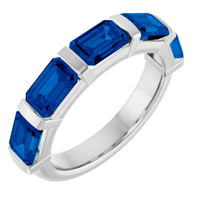 14K Gold Emerald Natural Blue Sapphire Bar Channel-Set Anniversary Band - White Gold