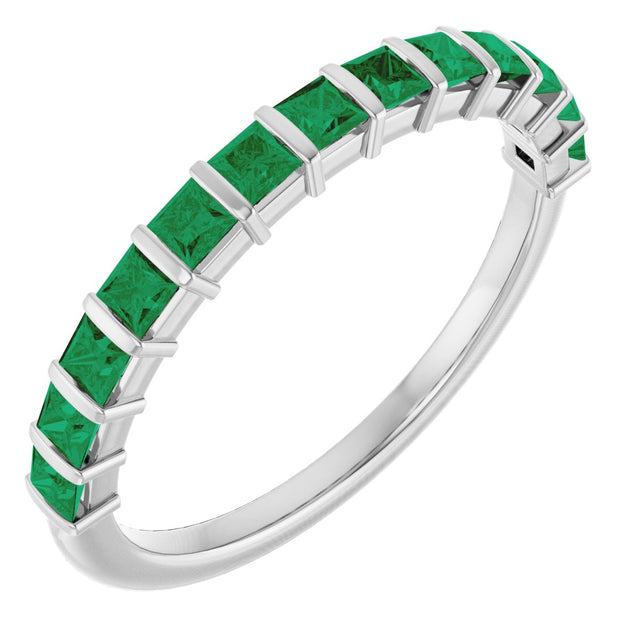Platinum Square Natural Green Emerald Bar Channel-Set Anniversary Band