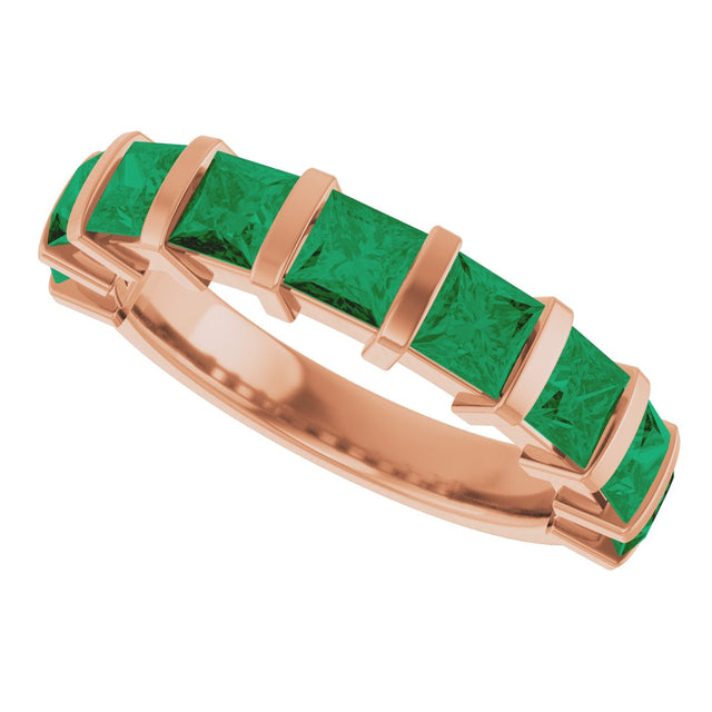 14K Gold Square Natural Green Emerald Bar Channel-Set Anniversary Band - Rose Gold - view 5