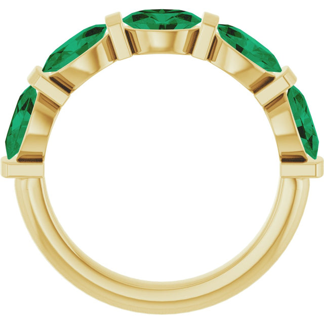 14K Gold Oval Lab-Grown Green Emerald Bar Channel-Set Anniversary Band - Yellow Gold - view 2