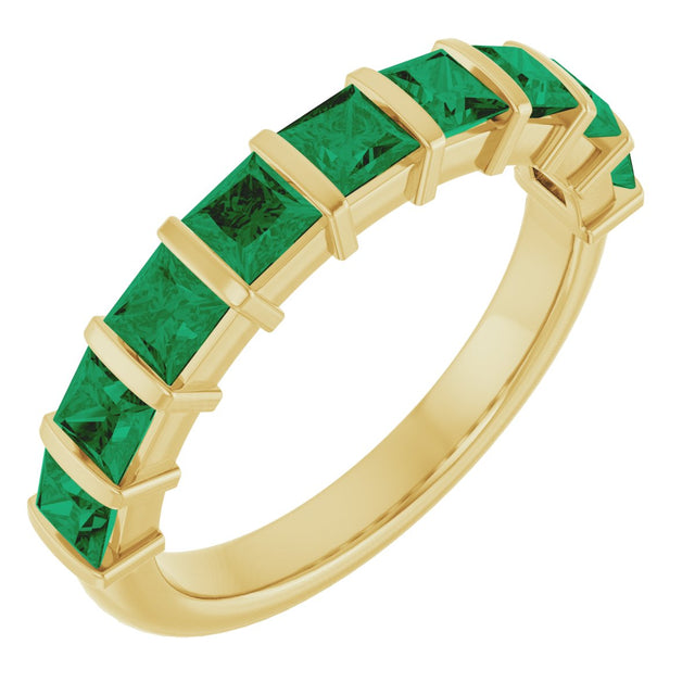 14K Gold Square Lab-Grown Green Emerald Bar Channel-Set Anniversary Band - Yellow Gold