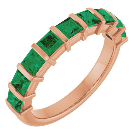 14K Gold Square Natural Green Emerald Bar Channel-Set Anniversary Band - Rose Gold