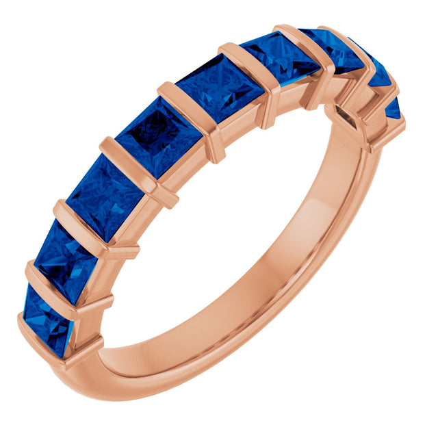 14K Gold Square Lab-Grown Blue Sapphire Bar Channel-Set Anniversary Band - Rose Gold