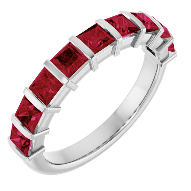 14K Gold Square Natural Red Ruby Bar Channel-Set Anniversary Band - White Gold