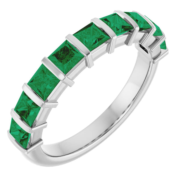 14K Gold Square Lab-Grown Green Emerald Bar Channel-Set Anniversary Band - White Gold