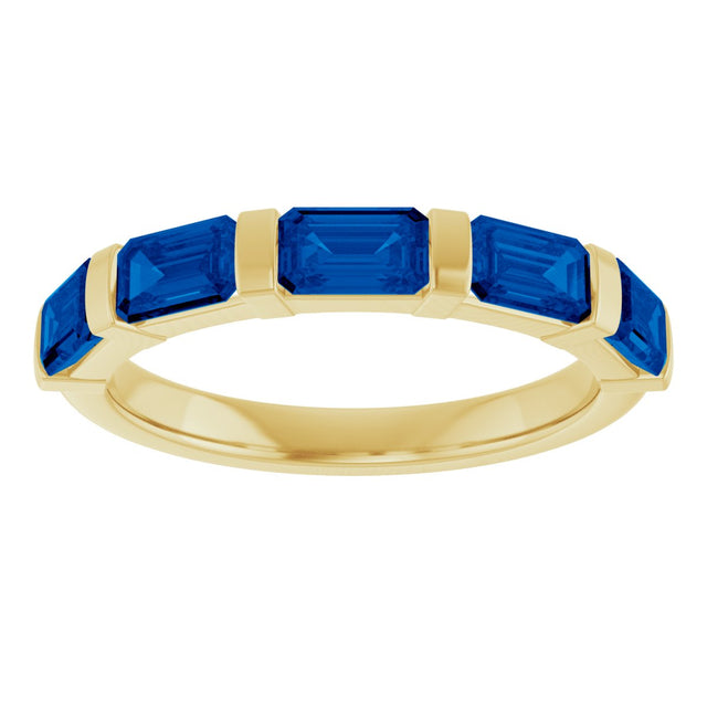 14K Gold Emerald Natural Blue Sapphire Bar Channel-Set Anniversary Band - Yellow Gold - view 3