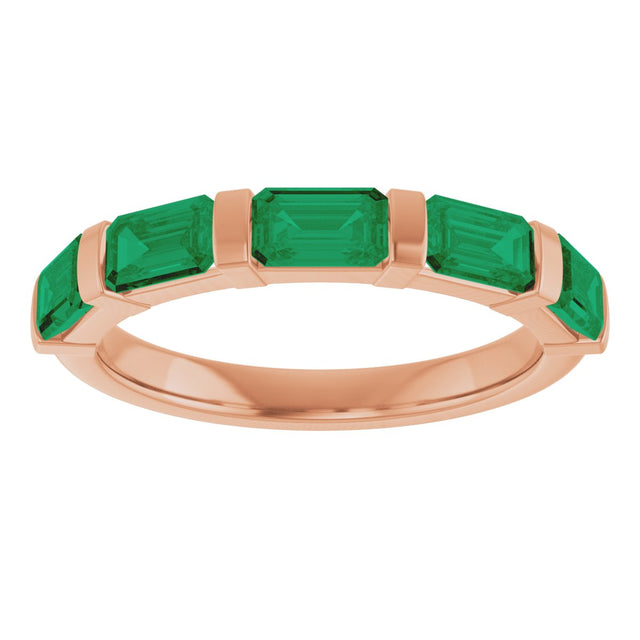 14K Gold Emerald Natural Green Emerald Bar Channel-Set Anniversary Band - Rose Gold - view 3