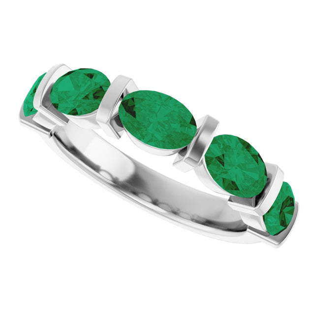 14K Gold Oval Lab-Grown Green Emerald Bar Channel-Set Anniversary Band - White Gold - view 5