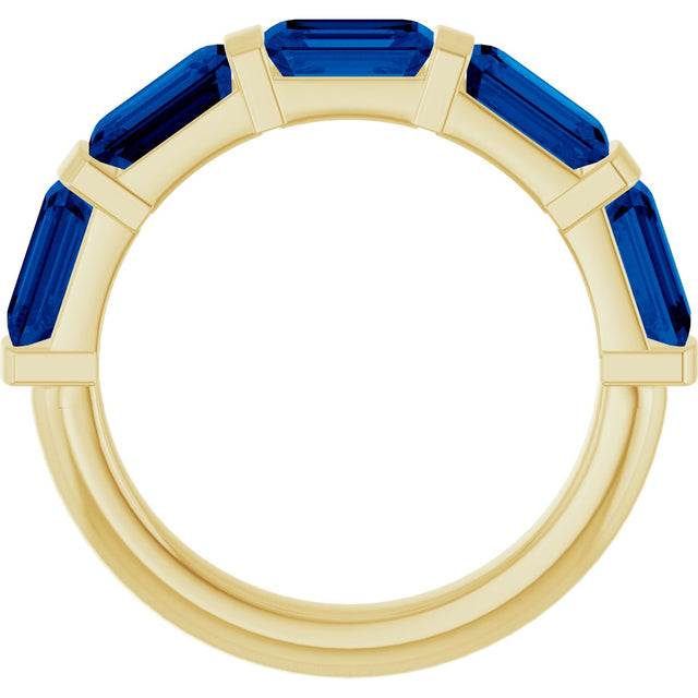 14K Gold Emerald Lab-Grown Blue Sapphire Bar Channel-Set Anniversary Band - Yellow Gold - view 2