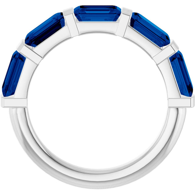 Platinum Emerald Natural Blue Sapphire Bar Channel-Set Anniversary Band - view 2