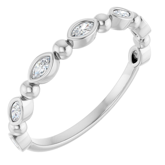 14K Gold Marquise Natural Diamond Beaded Bezel-Set Anniversary Band – 1/5–1/3 CTW - White Gold