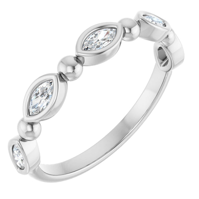 14K Gold Marquise Natural Diamond Beaded Bezel-Set Anniversary Band – 1/5–1/3 CTW - White Gold