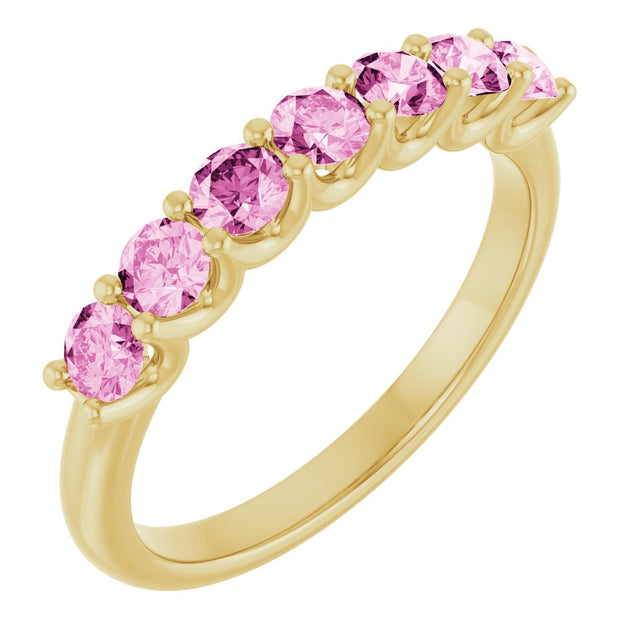 14K Gold Round Natural Pink Sapphire U-Prong Seven-Stone Anniversary Band