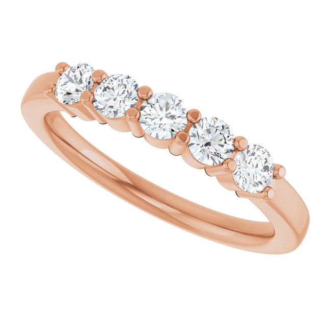 14K Gold Round Natural Diamond Shared-Prong Five-Stone Anniversary Band – 3 mm Stones - Rose Gold - view 5