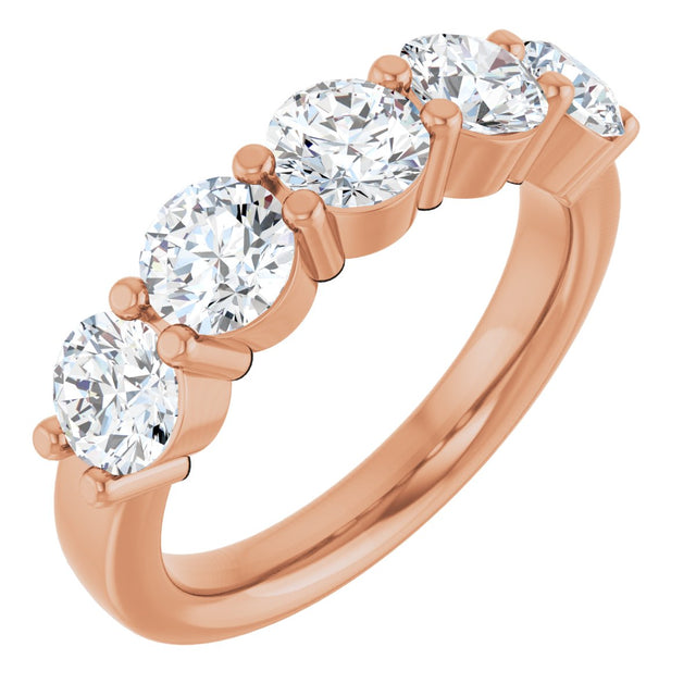14K Gold Round Lab-Grown Diamond Shared-Prong Five-Stone Anniversary Band – 4.8 mm Stones - Rose Gold
