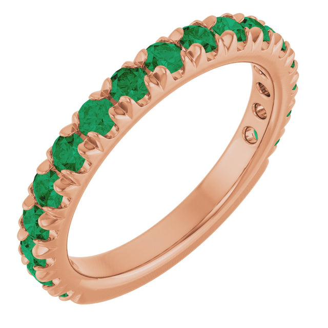 14K Gold Round Natural Emerald French-Set Anniversary Band - Rose Gold