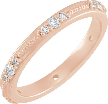 14K Gold Round Natural Diamond Milgrain Eternity Band with Bead Blast Finish – 2 mm Stones - Rose Gold