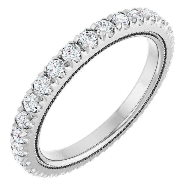 14K Gold Round Natural Diamond Milgrain French-Set Eternity Band – 2 mm Stones - White Gold