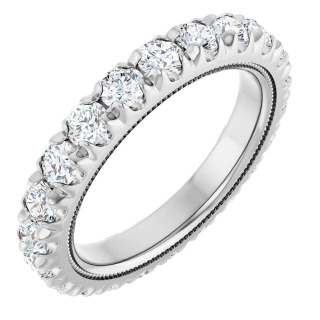 14K Gold Round Natural Diamond Milgrain French-Set Eternity Band – 3 mm Stones - White Gold