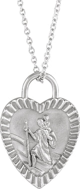 Platinum St. Christopher Heart Medal Necklace or Pendant