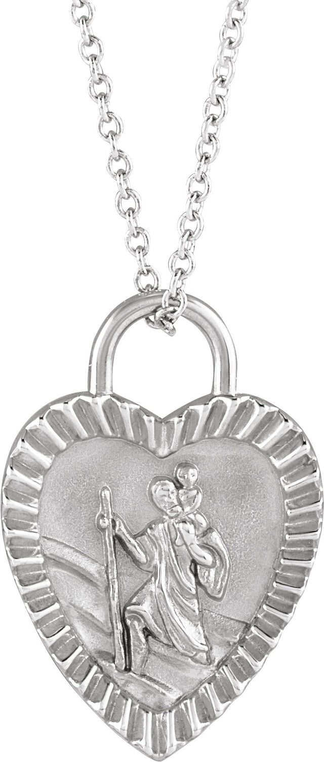Platinum St. Christopher Heart Medal Necklace or Pendant
