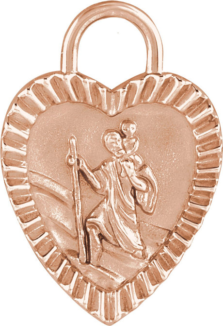 14K Gold St. Christopher Heart Medal Necklace or Pendant - Rose Gold