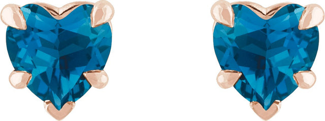 14K Gold Natural London Blue Topaz Heart 5-Prong Claw V-End Stud Earrings - Rose Gold - view 4