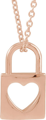 14K Gold Pierced Heart Lock Necklace or Pendant - Rose Gold