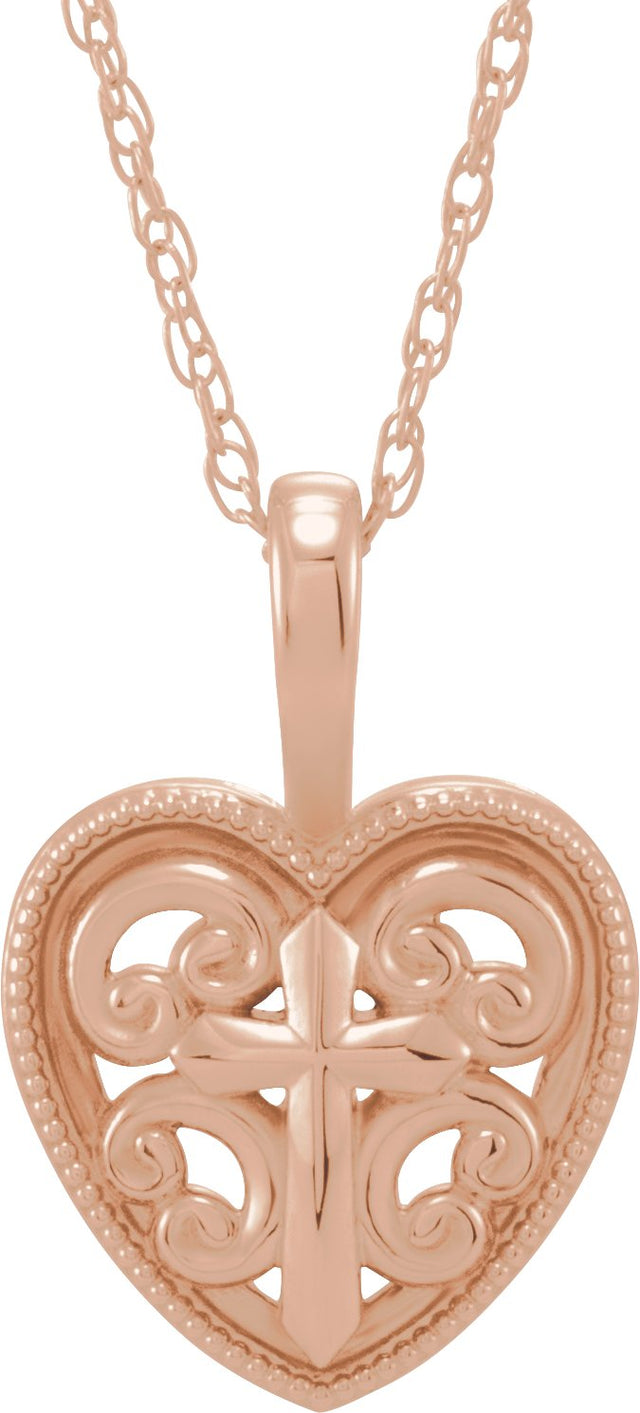 14K Gold Cross and Heart Necklace or Pendant - Rose Gold