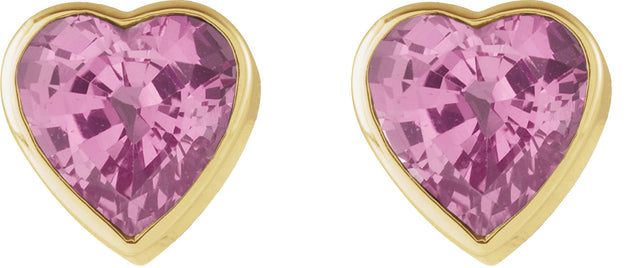 14K Gold Natural Pink Sapphire Heart Bezel-Set Stud Earrings - Yellow Gold - view 4