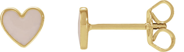 14K Gold Enamel Heart Earrings - Yellow Gold