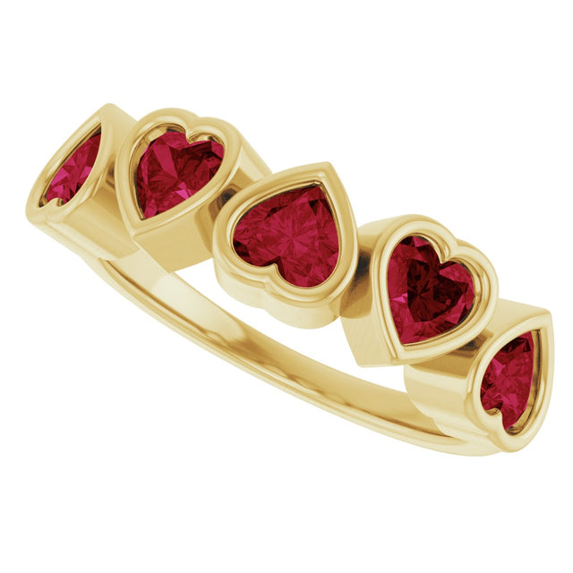 14K Gold Natural Mozambique Garnet Five-Stone Heart Ring - Yellow Gold - view 15