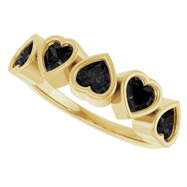 14K Gold Natural Black Onyx Five-Stone Heart Ring - Yellow Gold - view 15