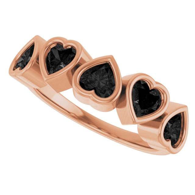 14K Gold Natural Black Onyx Five-Stone Heart Ring - Rose Gold - view 15