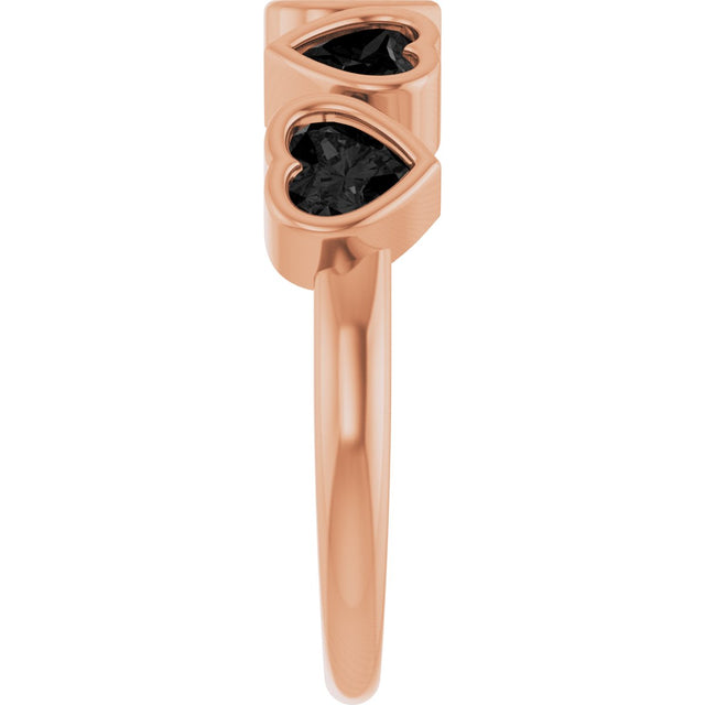 14K Gold Natural Black Onyx Five-Stone Heart Ring - Rose Gold - view 14