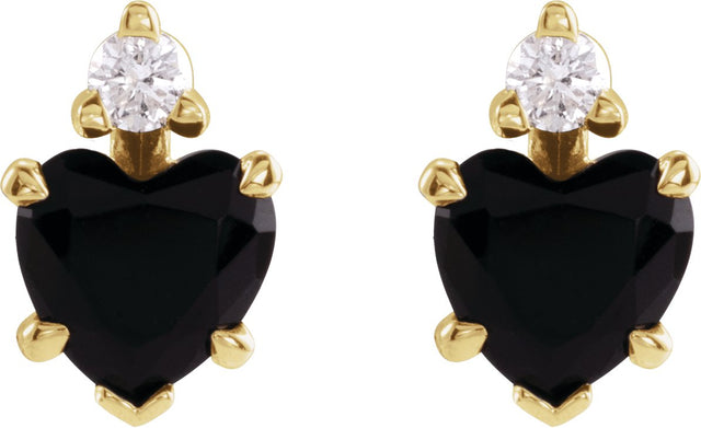 14K Gold Natural Black Onyx & Natural Diamond Accented Heart Earrings - Yellow Gold - view 4