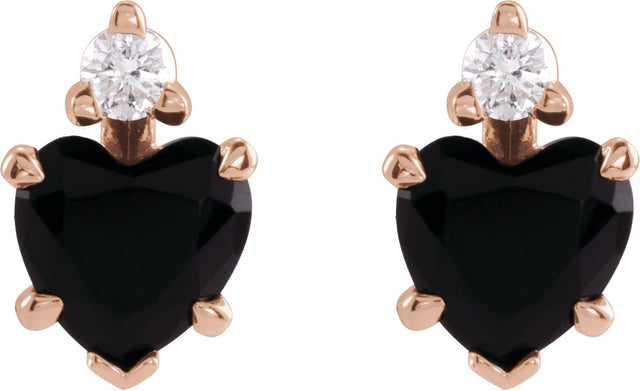 14K Gold Natural Black Onyx & Natural Diamond Accented Heart Earrings - Rose Gold - view 6