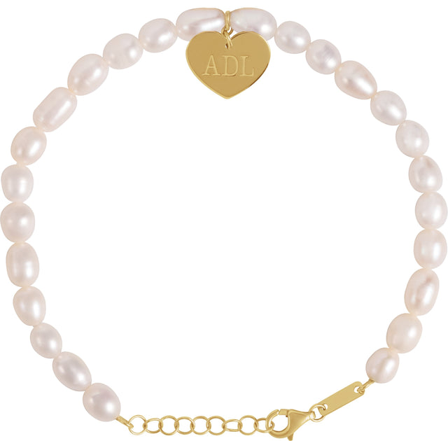 14K Gold Cultured White Freshwater Pearl Heart & Pearl Bracelet - view 3